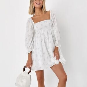 White Puff-Sleeve Square Neck Floral Dress/Babydoll